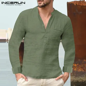 

INCERUN Vintage Men Shirt Stand Collar Long Sleeve 2020 Solid Chic Streetwear Fashion Casual Camisa Masculina Chic Shirts Mens