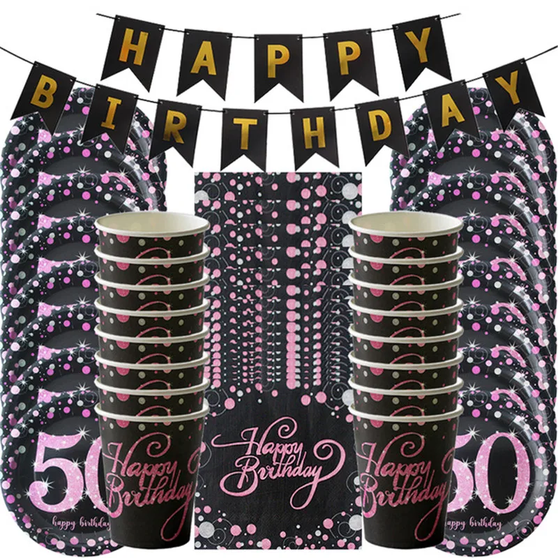 30th 40th 50th 60th Черное золото украшения Одноразовые Партии Посуда Набор «С Днем Рождения» Вечерние Декорации для взрослых юбилей Вечерние - Цвет: 49pcs Pink 50 set