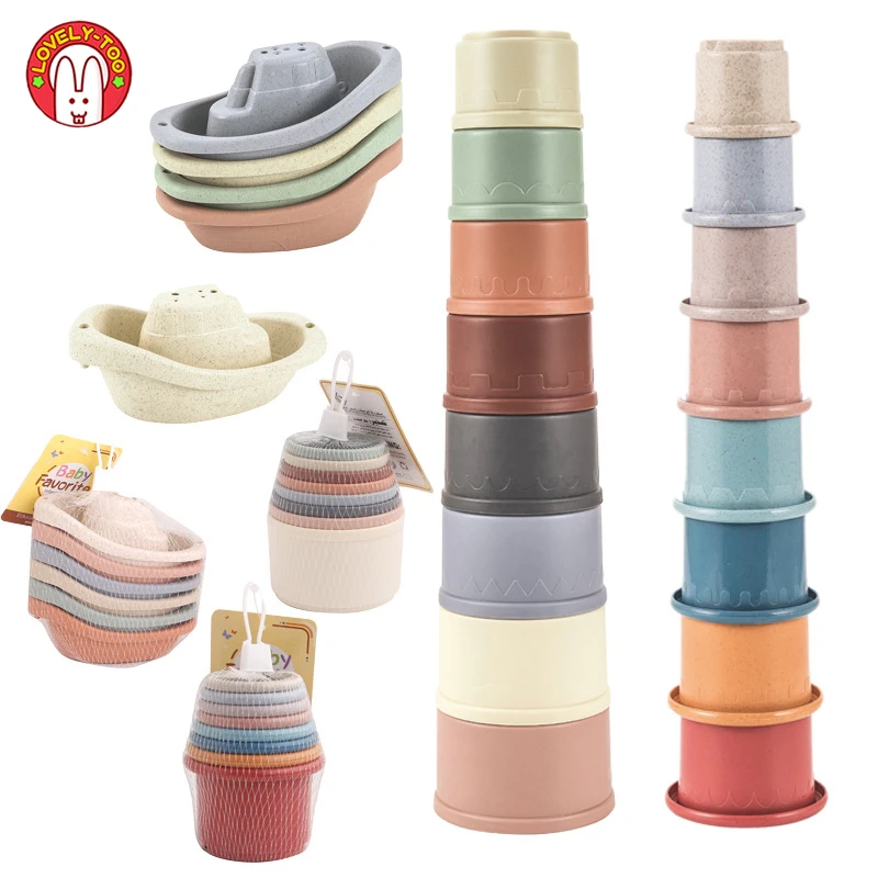 Taza de apilamiento para bebé, juguete de plástico plegable, Animal, flor, anillo, torre de juego, piscina, ducha, juego de baño, juguetes para regalo infantil