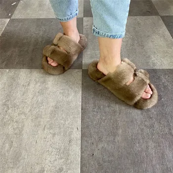 

Genuine Mink Ladies Slippers The Word Overall Plush Slippers Outdoor Spring New Casual Herringbone Slippers Multicolor Optional