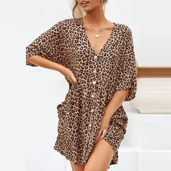

Sexy Leopard Print Short Dress Summer Ladies Button V Neck Loose Casual Dresses Sexy Party Beach Dress Soft Vestido dress women