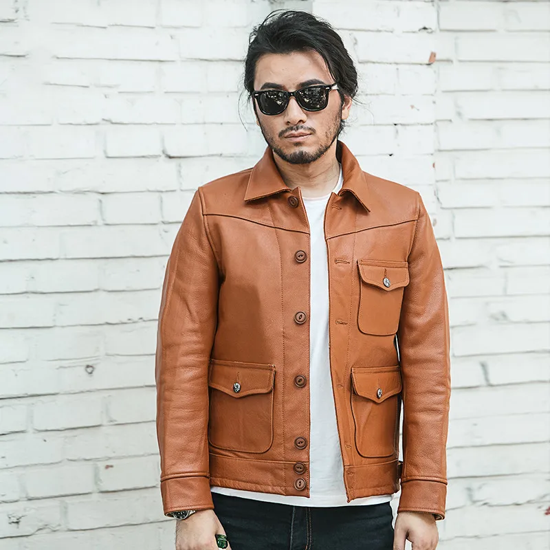 Sale 2019 Dark Brown Men Japan Style Short Casual Leather Jacket Plus Size 3XL Genuine Cowhide Autumn Slim Leather COat FREE SHIPPING 4