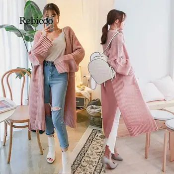 

Vintage Korean Long Cardigan Women 2019 Autumn Winter Coat Pockets Slit Long Sleeve Plus Size Thick Knitted Sweater pull femme