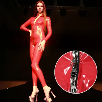 

Women Sexy Latex Skinny Jumpsuit Zipper Open Crotch Nightclub Dance Overalls Custom Shiny Leather Catsuit Slim Exotic Bodysuits