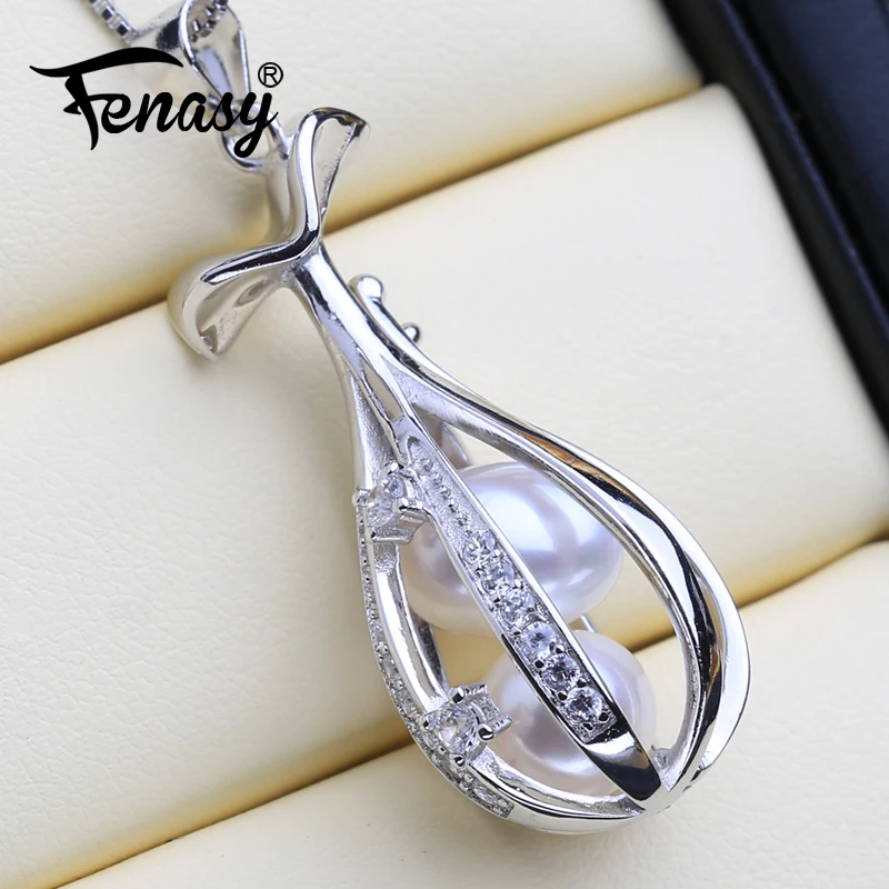 FENASY, ожерелье из натурального пресноводного жемчуга для женщин, модная 925 пробы серебряная клетка, подвеска с двумя белыми жемчужинами