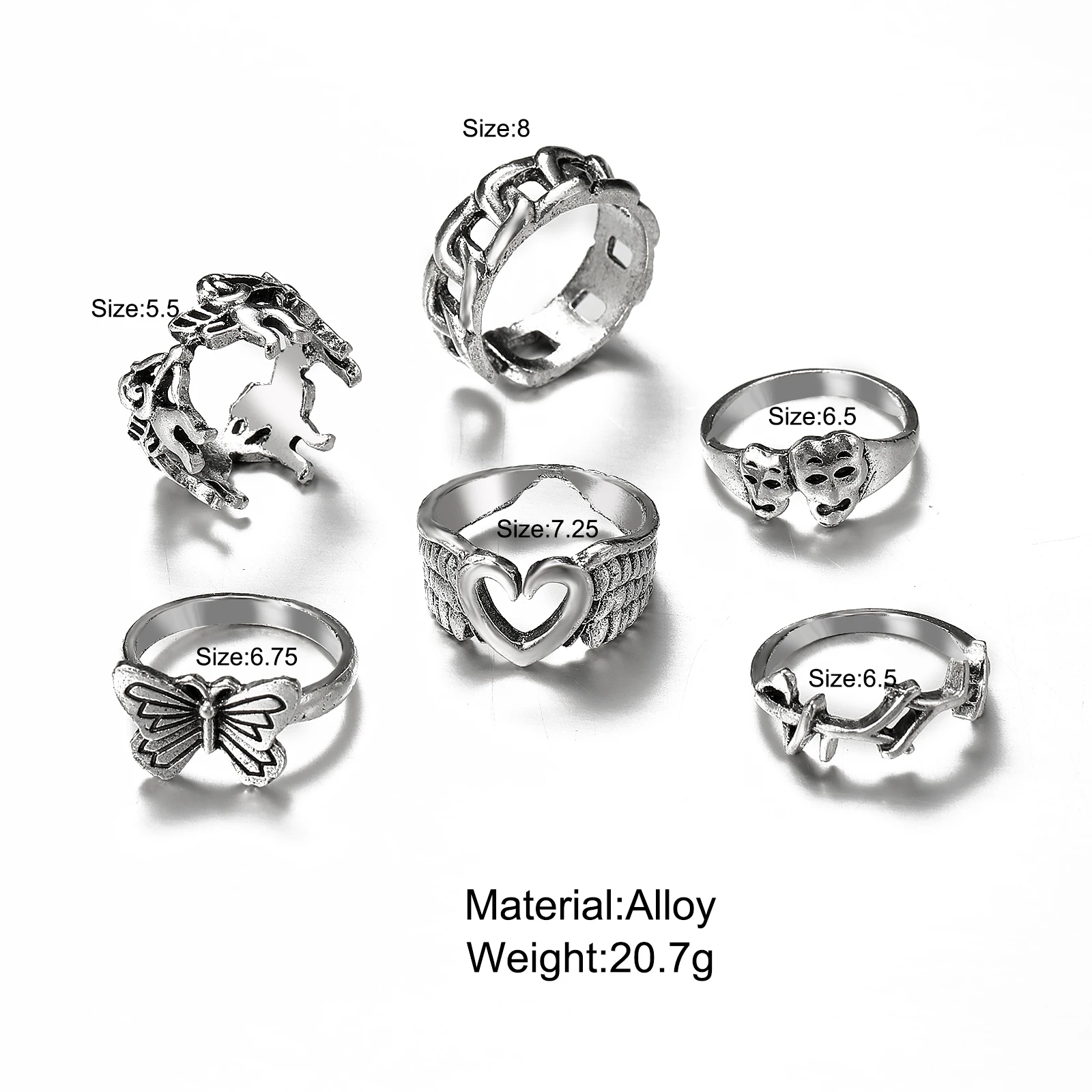 Punk Gothic Heart Ring Set for Women Black Dice Vintage Spades Ace Silver Plated Retro Rhinestone Charm Billiards Finger Jewelry