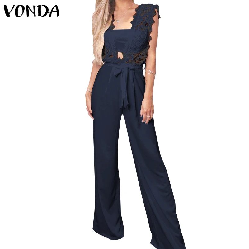 

Bohemian Rompers Women Jumpsuits VONDA 2019 Summer Off Shoulder Hollow Out Lace Playsuits Casual Loose OL Overalls Plus Size
