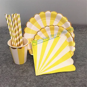

8 Sets Yellow Gold Party Tableware Paper Plates Cake Dishes Lemonade Party Sunshine Birthday Party Napkins Scallop Foil Gold Cup