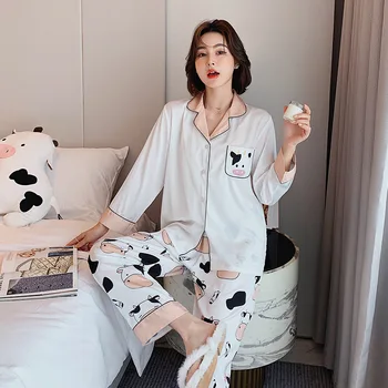

Pajamas Suit Women's Spring Autumn Long-sleeved Ice Silk Suit Korean Sweet and Explosive Style Can Be Worn Outside Home Clothes