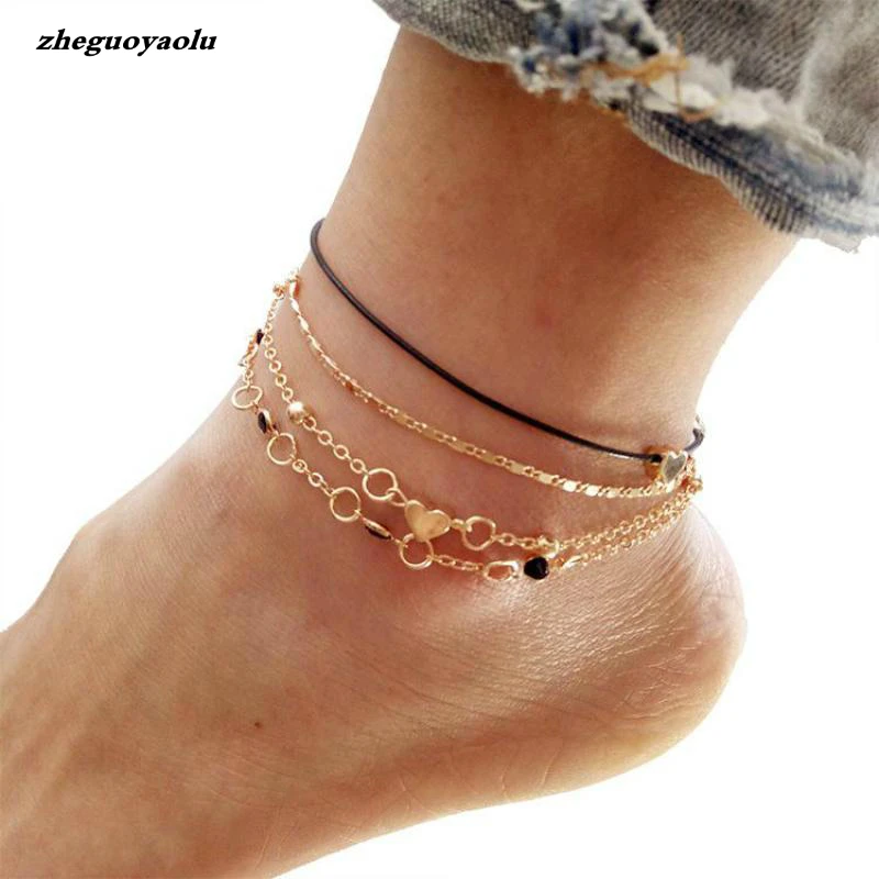 

4 Pieces/set Of Anklet Ladies Feet Set Accessories Summer Beach Barefoot Sandals Bracelets Ankle Female Ankle Heart Anklet