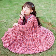 Платье с длинными рукавами для девочек платье в клетку кружевное платье принцессы с цветочным рисунком праздничная одежда с отложным воротником для свадебной вечеринки длинные платья красного цвета