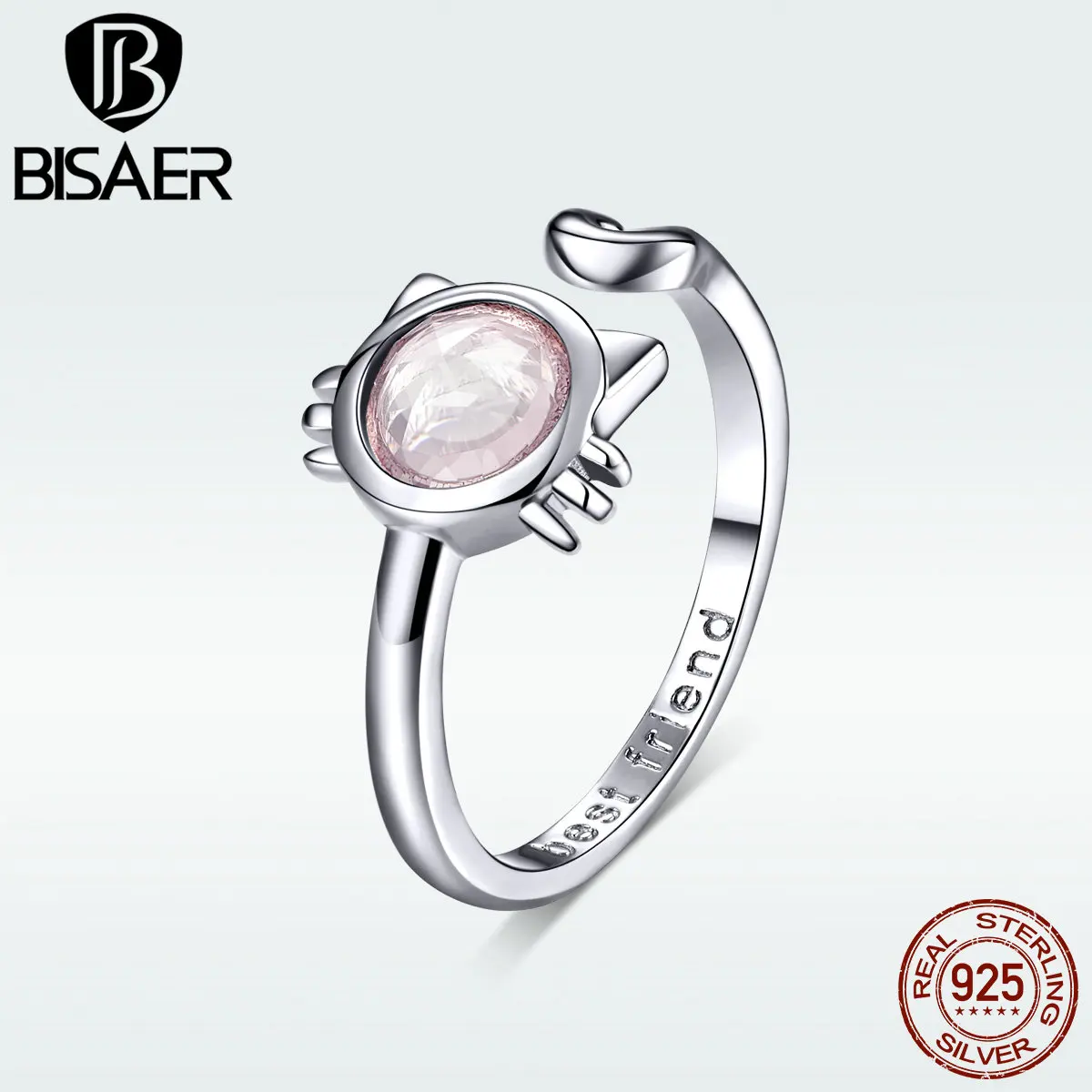 

BISAER Cat Design 100% 925 Sterling Silver Lovely kitty Adjustable Finger Rings Pink Glass Ball For Womens Rings Jewelry HVR033