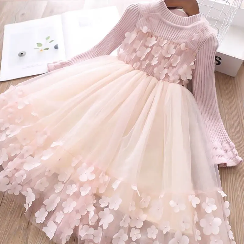Новое Детское трикотажное платье для девочек элегантные платья принцессы с длинными рукавами для девочек Одежда для девочек зимнее платье с объемным цветком для девочек