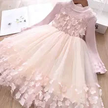 Новое Детское трикотажное платье для девочек элегантные платья принцессы с длинными рукавами для девочек Одежда для девочек зимнее платье с объемным цветком для девочек