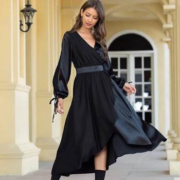 

Ladies Black Maxi Dress Women Ruched V-Neck Asymmetrical Long Sleeve Hollow Out Side Split Sexy Summer Dress Vestido De Festa