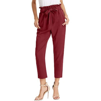 

Women Comfy Harem Pants Mid Waist Trousers Elastic Belt Slim Straight Work Suits Office Lady Pockets Trousers