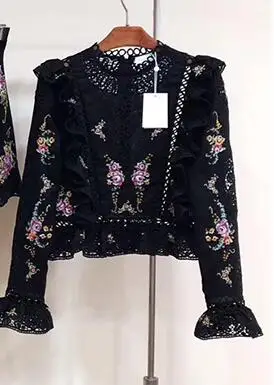 Only Black Top Новейшая Женская белая/черная льняная хлопковая Цветочная открытая кружевная Лоскутная Блузка с вышивкой топ и популярные шорты-женские комплекты из 2 предметов - Цвет: Only Black Top