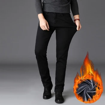 

Fashion Classical Men Jeans Solid Black Elastic Winter Warm Jeans Men High Quality Simple Casual Business Velvet Pants Stretch