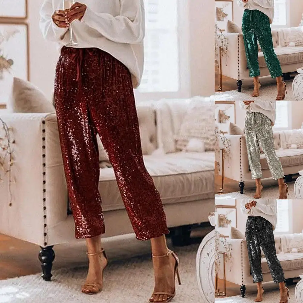 Pantalones holgados con cordón de cintura alta para mujer, pantalón de fiesta con lentejuelas brillantes