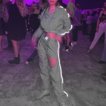 

Reflective Zip Casual Two Piece Set Pants Suit Grey 2020 Spring New Fashion Stand Collar Pullover High Street High Waist Pants