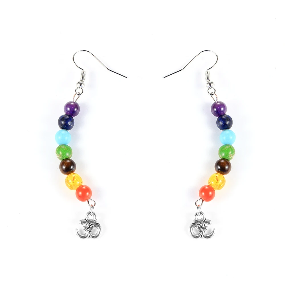 Women Natural Stone 7 Chakras Beads Dangling Earring Healing Reiki Asymmetric Chip Gravel Pierced Earrings Hoops Hanging Jewelry