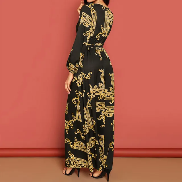 30h Fashion Dress Women V-Neck Maxi Long Dress Print Lantern Sleeve Wrap Dress Long Sleeve Elegant Dresses платье женское 2