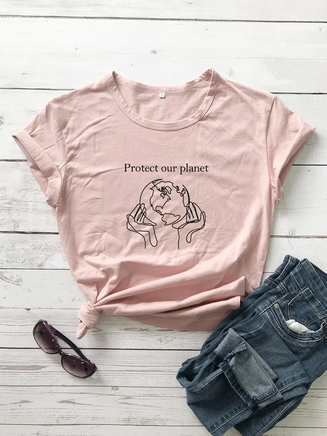 Футболка с защитой нашей планеты, Экологичная одежда для вегетарианцев, футболка с изображением земли, модные повседневные топы, женская футболка - Цвет: Peach-black text