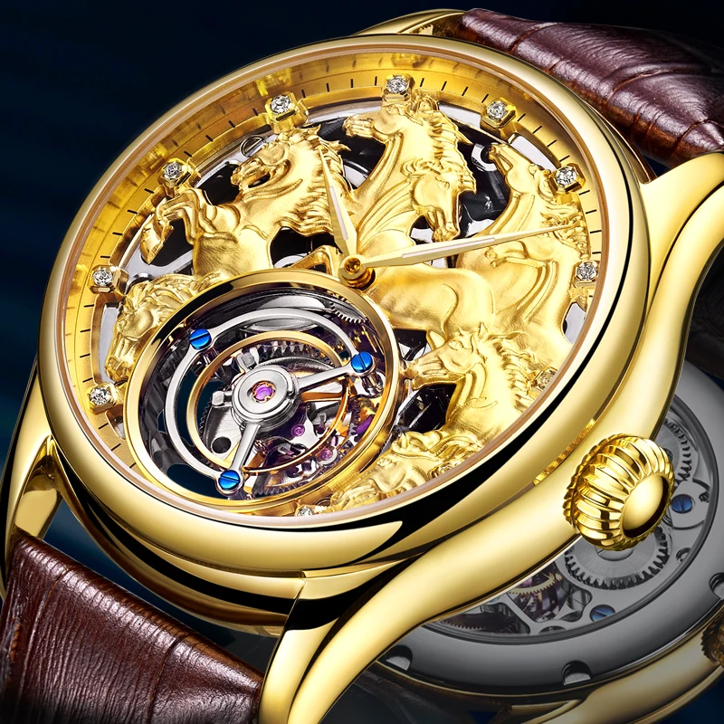 Золотые Зодиак лошадь для мужчин полный скелет Tourbillon механические часы Роскошный Сапфир для мужчин s часы из натуральной кожи Relogio Masculino