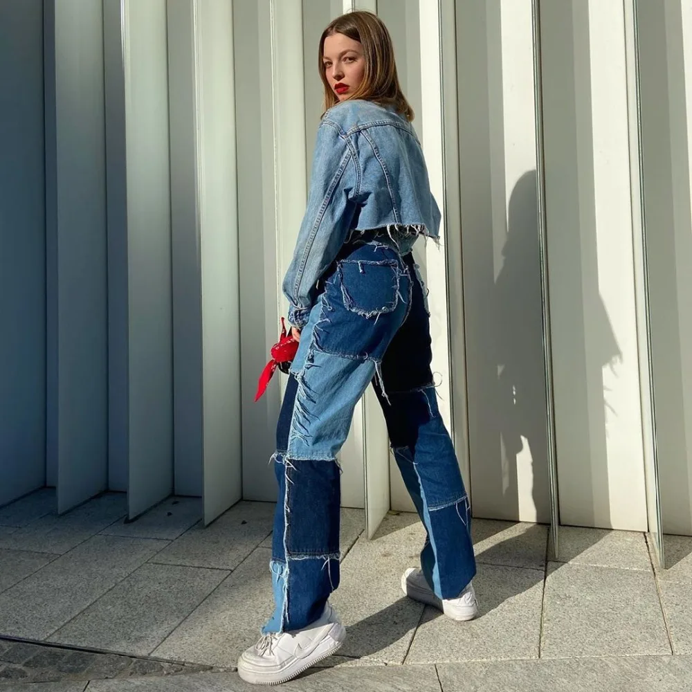 SIDDONS Jeans For Women Fashion Patchwork Jeans Baggy Pants Women Streetwear Cargo Pants High Waisted Denim Straight Trousers