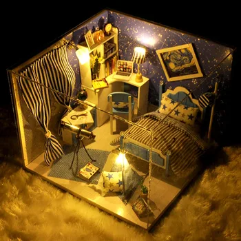 

DIY Creative Handmade Theme Wooden Cabin Assembly Building Model Toy Set With Music Light And Dust Cover