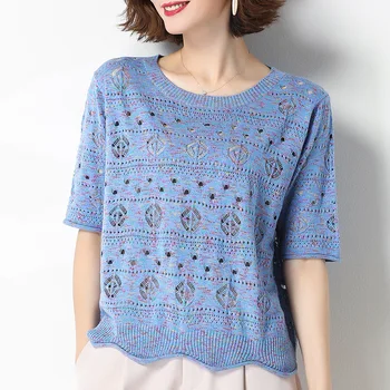 

Summer Ladies Hollow Short Sleeve Round Neck Knitted T-shirt red