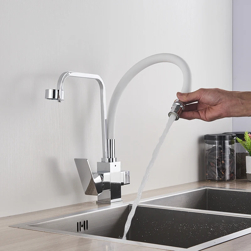 Chrome Waterfilter taps kitchen faucets Dual Handle Deck Mounted Mixer Tap 360 Degree rotation Water Purification Feature Crane