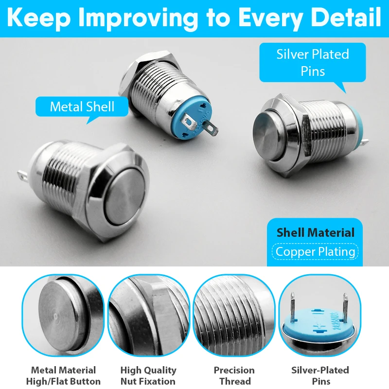 12mm metal push button waterproof nickel plated brass switch high head Round shape momentary self reset 1NO 12GT.F.C 2 pins 12mm metal push button waterproof nickel plated brass switch high head Round shape momentary self reset 1NO 12GT.F.C 2 pins