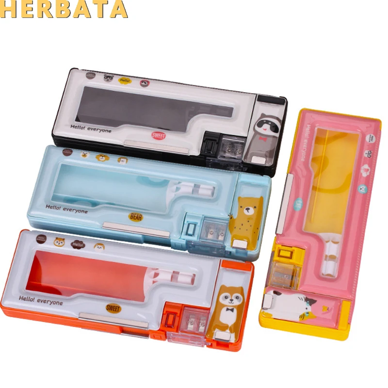 

Student Stationery plastic pencil case with sharpener flip transparent magnetic pencil case quality stationery estuches CL-19179