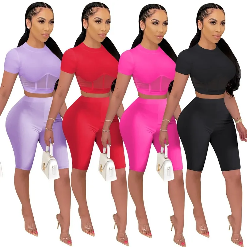 

2 Piece Sports Sets Womens Outfits 2020 Hot Selling Short Sleeves Mesh Patcwork Tops and Fitness Shorts women's Two Piece Set