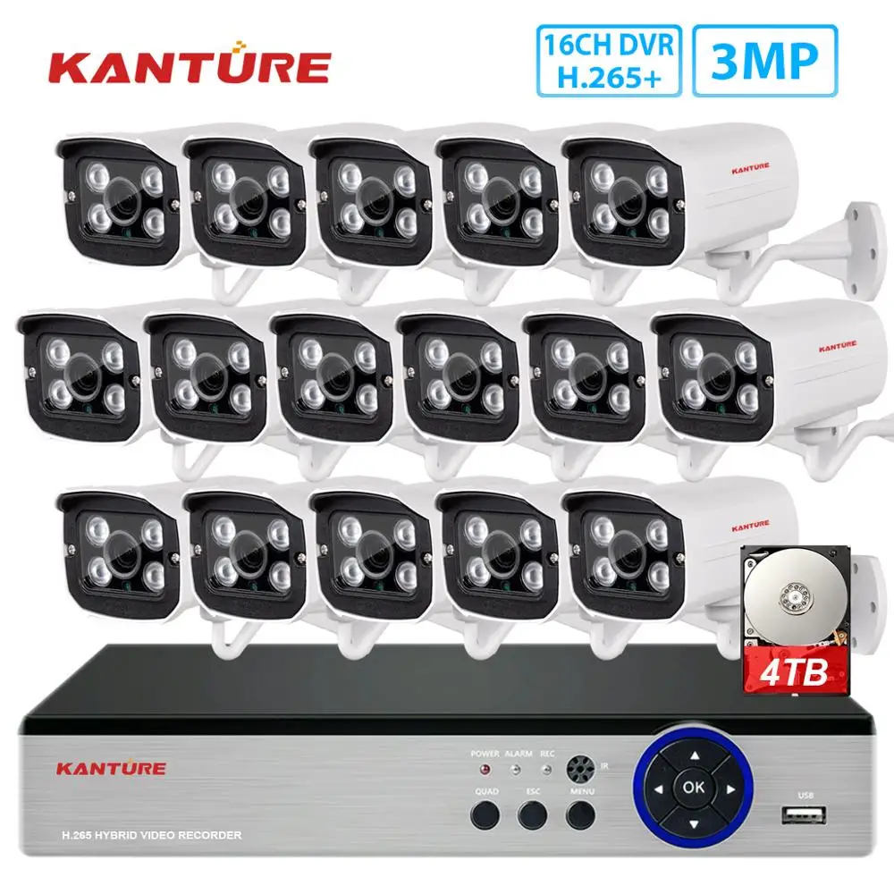 Система видеонаблюдения KANTURE h.265 + 16 каналов 4 МП HD 3 Мп 2048x1536 AHD CVI водонепроницаемая