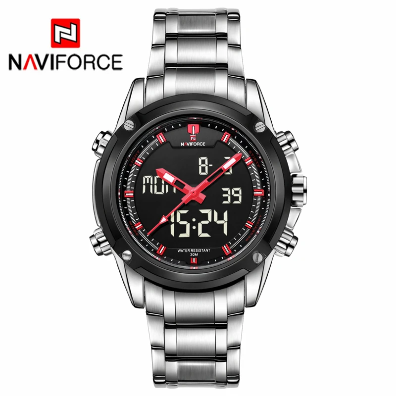 Silver Red NAVIFORCE бизнес Топ люксовый бренд мужские водонепроницаемые спортивные военные часы Мужские кварцевые аналоговые цифровые наручные часы Relogio masculino - Цвет: Silver Red