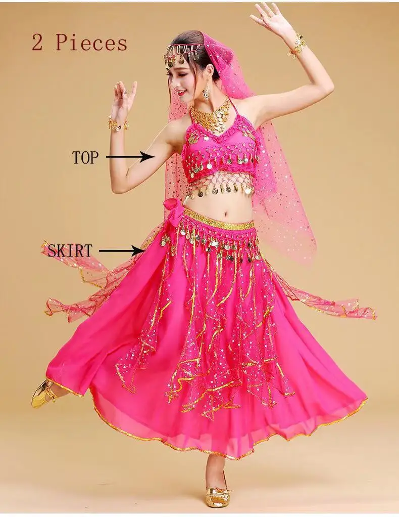Rose Red 2 Pieces Болливуд набор костюма для танца живота Индийский танец сари танец живота юбка костюм женский шифон 5 шт.(головные уборы вуаль Топ Пояс юбка - Цвет: Rose Red 2 Pieces