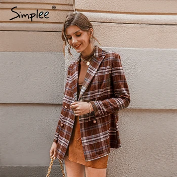 

Simplee Elegant brown plaid autumn winter women blazer Office lady long sleeve pocket jacket New fashion female jacket 2020