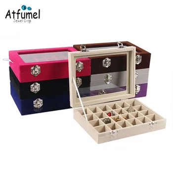 

Fine Jewelry Storage Case Velvet Ring Earring Display Organizer Box Tray Holder Glass Lid Protection 24Grid Jewelry Storage Case