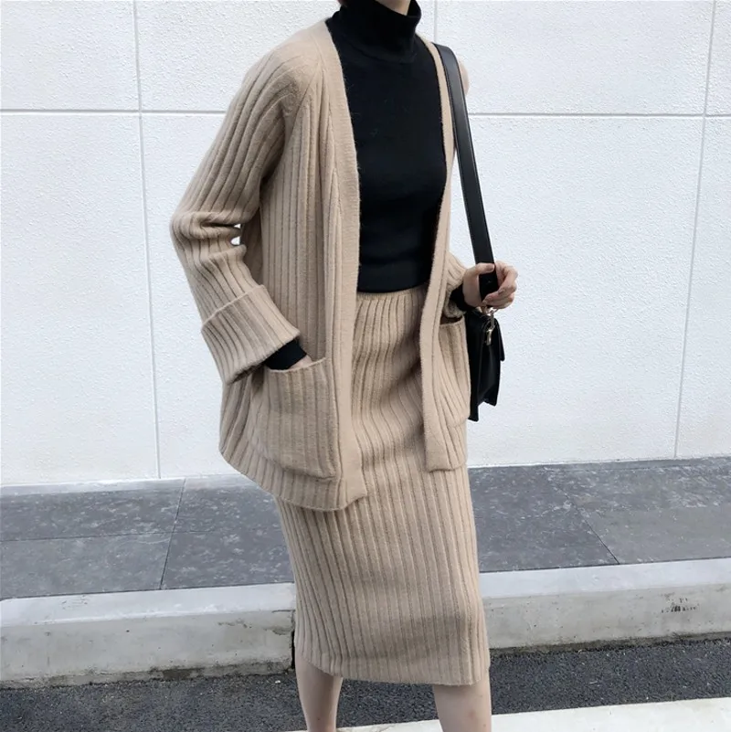 

2019 autumn Winter women Knitting 2 piece Set Casual V-Neck Knit Cardigan +Elastic Waist Slim Skirt Suit sets