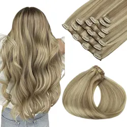 POPUKAR Clip In Hair Extensions Human Natural Blonde Soft 14-22 Inch 7 Pieces 105 Gram Wholesale Price Drop Shipping