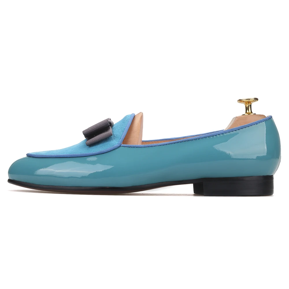 Piergitar 2020 handmade sky blue patent leather men shoes fashion bow design men's loafers leather insole men flats plus size