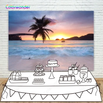 

Summer Holiday Style Photography Backgrounds Beach Scenery Palm Tree Clear Water with Golden Sand Sunset Backdrops for Studio