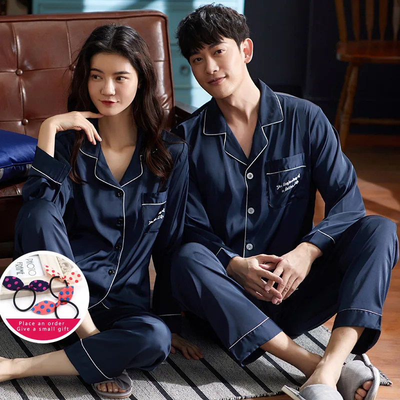 Couple Sleepwear Silk Satin Pajamas Set Long Sleeve Button Down Pyjamas