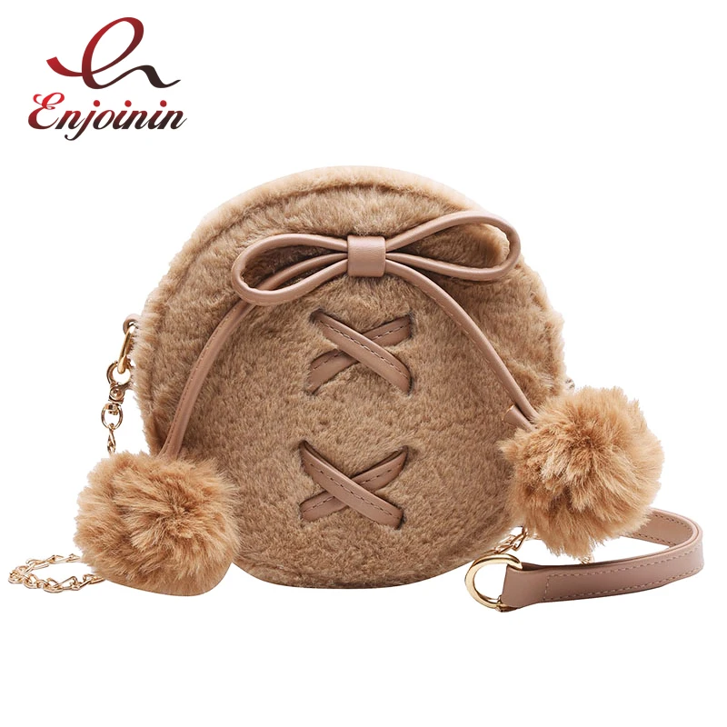 Round Faux Fur Cute Pu Leather Fashion Women Shoulder Bag Crossbody Bag Purses and Handbags Femael Bolsa Tote Bag Clutch Bag
