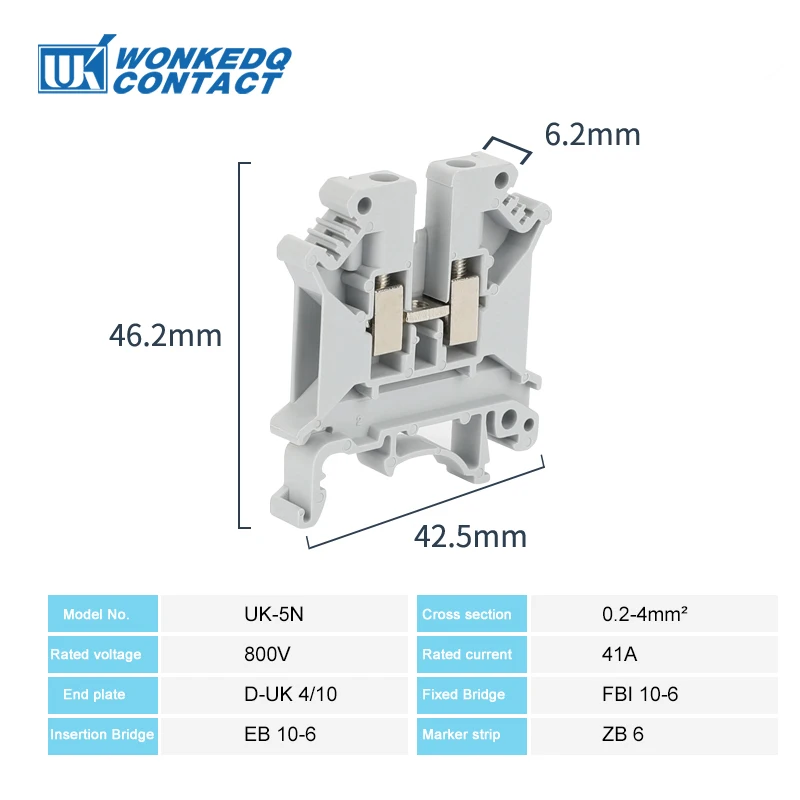 Din Rail Terminal Blocks 10Pcs UK-5N Universal Class Connector Screw Contact Conductors UK5N Panel Mount terminal strips