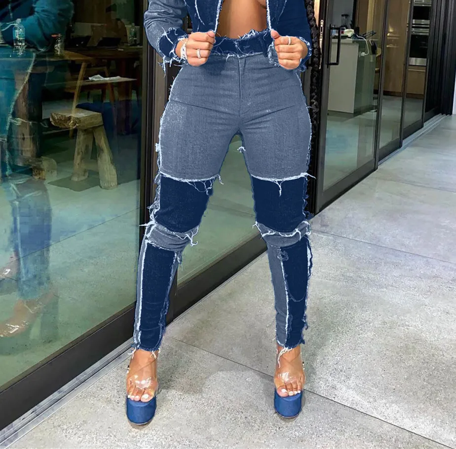

Chocomist Jeans High Street Fashion Chic Spliced Skinny Women Pencil Pant LD8773-2