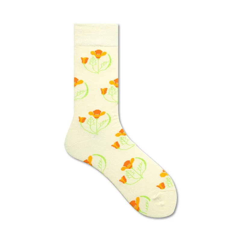 Beige Flower Носки для взрослых до середины икры с изображением головы лося, морских звезд, звезд, дыма, бумажных лодочек, цветов, зимних фейерверков, геометрических рисунков, модных мультфильмов - Цвет: Beige Flower