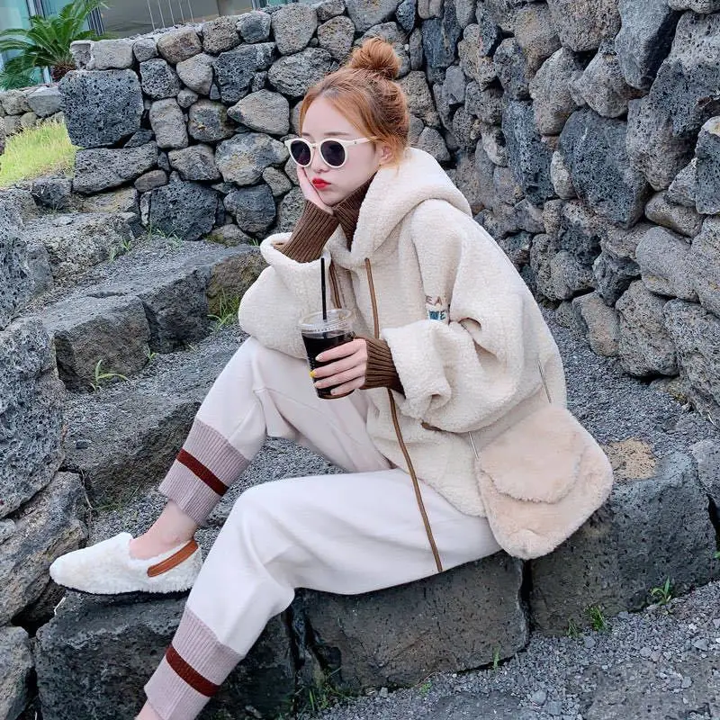 

Plus velvet padded suit female student loose fake two-piece sweater woolen pants two-piece set